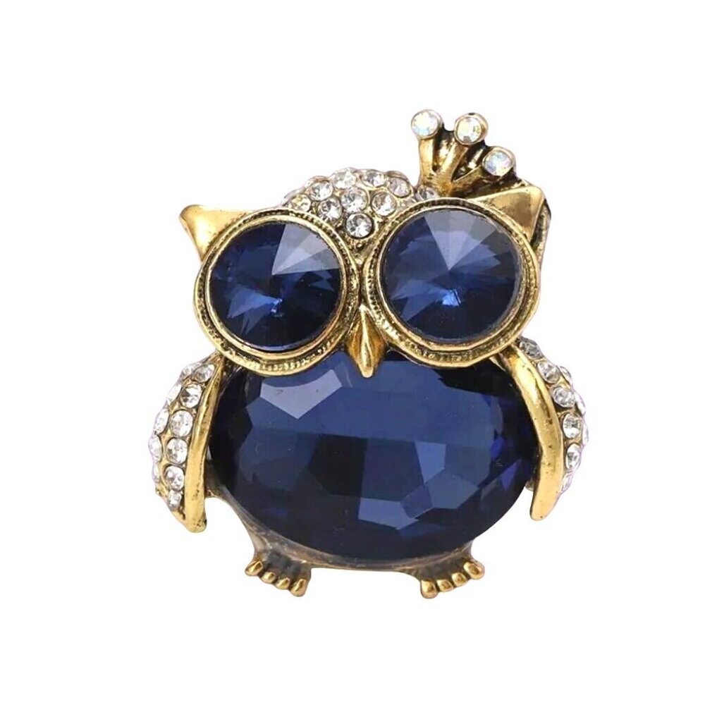 Blue & Gold Owl Brooch Pin With Rivoli Glass Stones